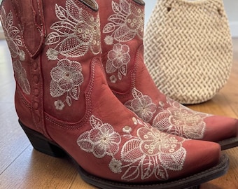 Corral Circle G Dusty Rose Leather Floral Embroidered Cowboy Boots 7.5B Snip Toe