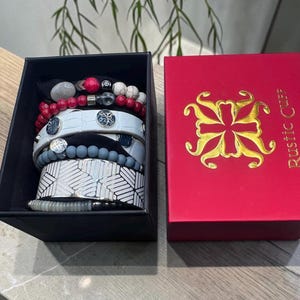 Rustic Cuff Stack Bracelet Set, Leather, Stone Beads, Silver Geometric Bangle