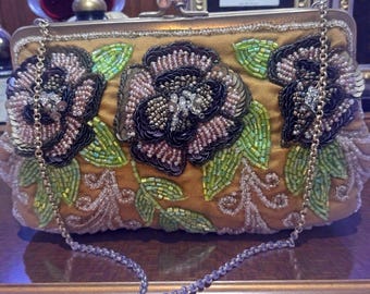 Vintage Moyna Beaded Floral Evening Bag – Dimensional Sequin Clutch – Hand Beaded Statement Piece