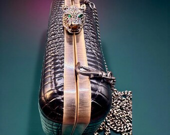 House of Harlow 1960 Black Croc Embossed Hard Case Panther Clasp Crossbody—Authentic with faux emerald eyes