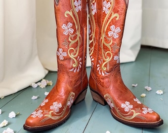 Mexican Made Floral Embroidered Cowboy Boots 8.5 Artisan Leather Western Festival