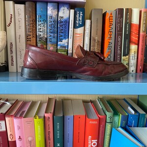 Puede incluir: Un mocas&iacute;n de cuero burdeos con detalle de borla descansa sobre una estanter&iacute;a azul, rodeado de una colecci&oacute;n de libros con lomos coloridos. El zapato es de estilo cl&aacute;sico, lo que sugiere un enfoque en calzado y accesorios.