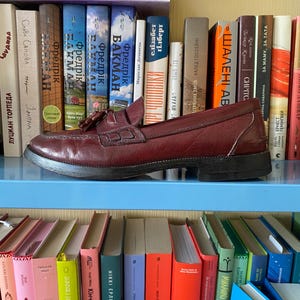 Puede incluir: Un mocas&iacute;n de cuero burdeos con detalle de borla, apoyado en una estanter&iacute;a azul frente a una estanter&iacute;a llena de libros coloridos. El zapato tiene un tac&oacute;n bajo y un dise&ntilde;o cl&aacute;sico.
