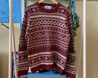 Topman Knitwear Kastanjebruine Fair Isle-sweater, maat M Vintage-stijl trui met ronde hals, patroon,