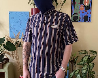 Vintage Ellesse-poloshirt, marineblauwe verticale streep jaren 90 sportkleding (XL)