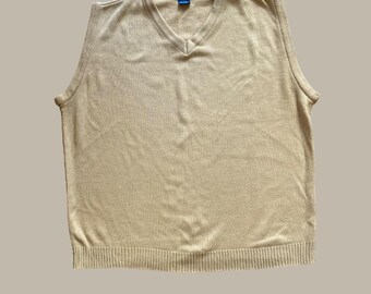Vintage Beige V-Ausschnitt Pullover Weste XL: Pegasus Strickpullover, Preppy Style, Hergestellt in Großbritannien