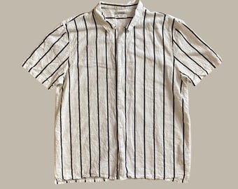 Leinen-Mischung Gestreiftes Hemd Weiß Schwarz Vertikale Streifen Kurzarm Casual Sommer Button Up