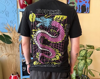 Vintage BoohooMAN draken-T-shirt S | Zwart T-shirt met grafische print van 100% katoen | Cyber Y2K-streetwear