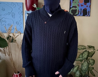 Vintage Tottenham Hotspur-trui L | Marineblauwe kabelgebreide acryltrui