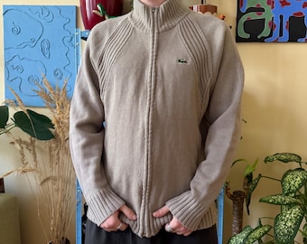 Vintage Lacoste Sport Beige Dragkedja Tröja L Akryl Stickad Unisex