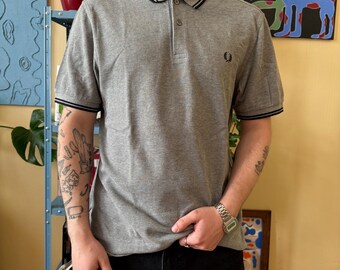 Camisa polo Fred Perry Twin Tipped gris jaspeada para hombre, talla L, de piqué, estilo Terrace Mod Classic