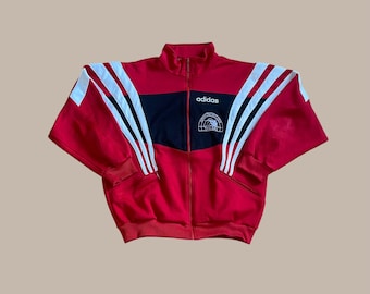 Vintage Adidas-trainingsjack rood en zwart, maat M