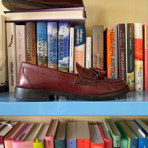 Puede incluir: Un par de mocasines de cuero burdeos con detalles de borlas, exhibidos en una estanter&iacute;a azul sobre una colecci&oacute;n de libros. Los zapatos son de estilo cl&aacute;sico, mostrando un color rico y un dise&ntilde;o tradicional.