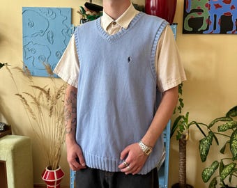 Vintage Polo Ralph Lauren Blå Stickad Tröja Väst XL 100% Bomull Ärmlös Pullover
