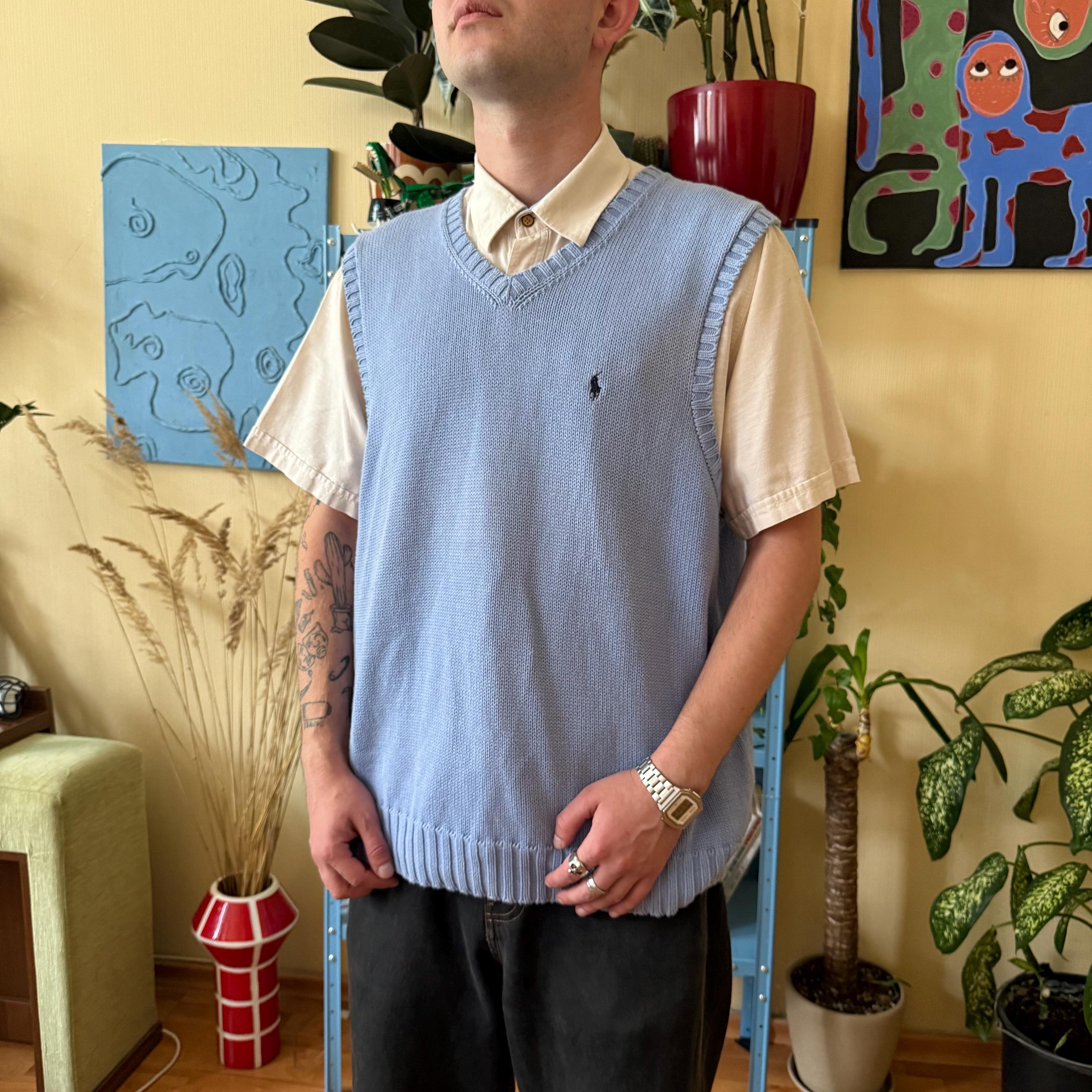 Vintage Polo Ralph Lauren Blue Knit Sweater Vest XL 100% Cotton