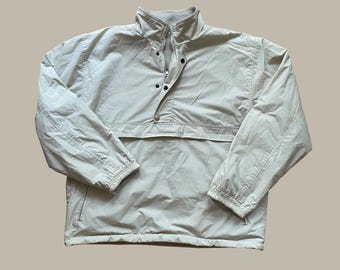 Jaqueta vintage anoraque bege – forrada com lã, botão de um quarto e bolso com zíper