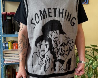 Stickad väst i vintagestil med animegrafik – Retro unisex ärmlös tröja