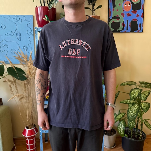 Vintage GAP T-Shirt L USA Made 90s Navy Blue Authentic Logo Tee