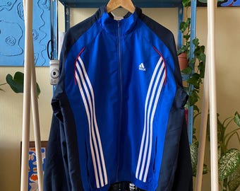 Vintage 2007 Adidas windjack blauw en zwart trainingsjack medium retro sportkleding heren