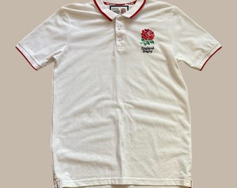 Vintage rugbypoloshirt Engeland: officieel gelicentieerde rode roos jersey (maat medium)