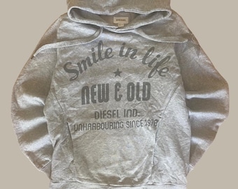 Vintage Diesel Hoodie S: Y2K Graphic Grey Cotton Sweatshirt