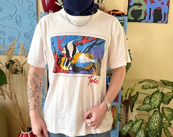 Zeldzaam vintage Tahiti-shirt met visafbeelding – T-shirt oceaanillustratie, jaren 90 Tropical Islands Souvenir-top