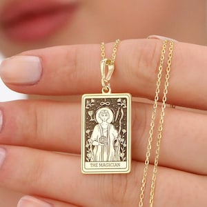 14K Gold & Silver Magician Tarot Card Necklace: Spiritual and Material Balance Pendant
