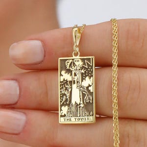 14K Gold & Sterling Silver Tower Tarot Card Necklace: Crisis and Change Necklace