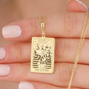 The Lovers Cats Tarot Card Necklace : 14K Solid Gold or 925K Sterling Silver Kittens Hugging Tarot Charm Necklace