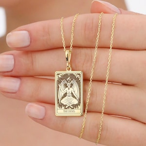 The Devil Tarot Card Necklace : Engraved Baphomet Tarot Card Pendant with  14K Solid Gold or 925K Sterling Silver