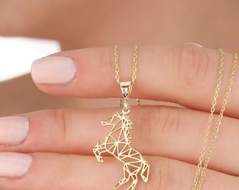 14K Gold and Silver Origami Horse Necklace: Geometric  Equestrian Jewelry