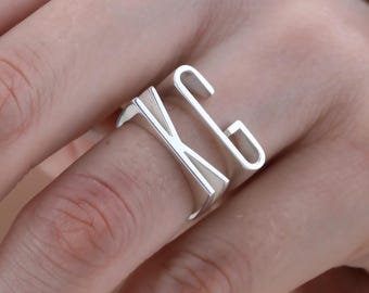 Sterling Silver and 14K Solid Gold Custom Monogram Initial Ring: Personalized Monogram Jewelry