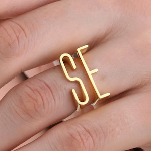 May include: A gold-colored ring featuring the letters "SE" in a minimalist, open design. The ring is worn on a finger, showcasing its sleek and modern aesthetic. The ring's design is simple yet eye-catching.
