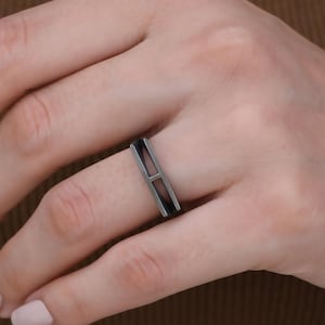 Black Rhodium-Plated Custom Initials Creative Ring, Personalized A-Z Letter, Minimalist Dainty Stackable Ring,  Jewelry Gift for Partner