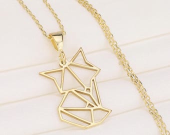 Collana con volpe geometrica in oro 14 carati: ciondolo a forma di animale origami per lei, gioielli minimalisti con volpe, collana con ciondolo origami