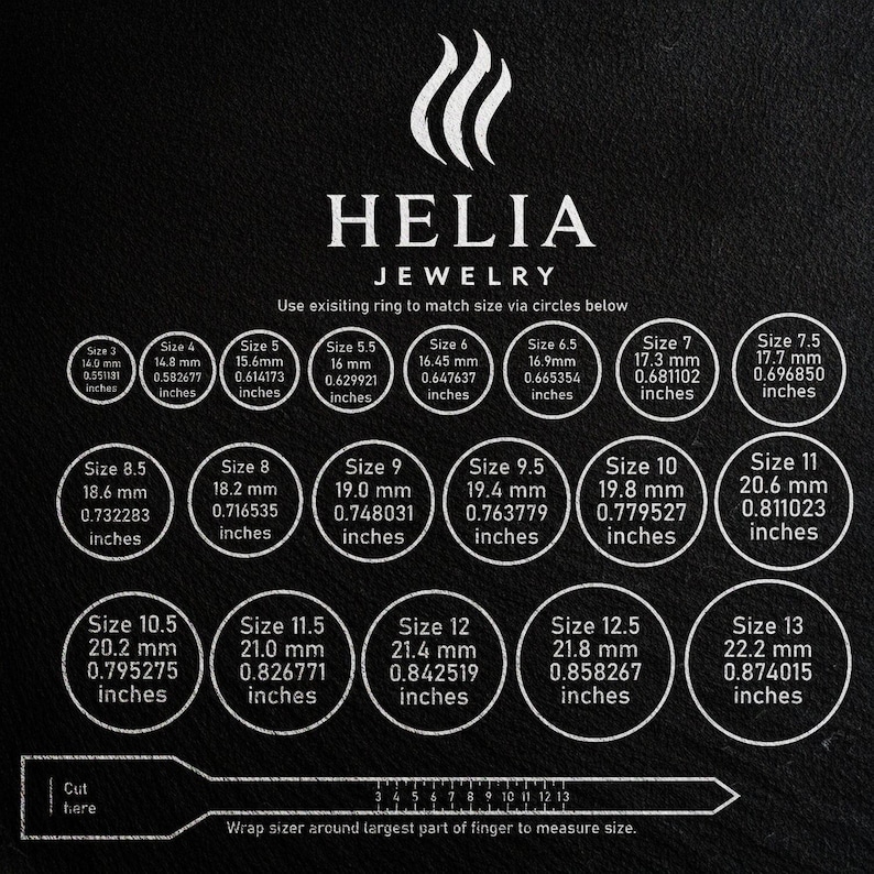 May include: Black and white ring size guide with the Helia Jewelry logo. The guide includes sizes from 3 to 13, with measurements in millimetres and inches. A paper sizer is at the bottom to measure finger size.