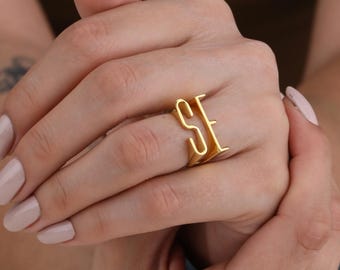14K massivt guld och silveralternativ Anpassad monogramring: Handgjord personlig initialring