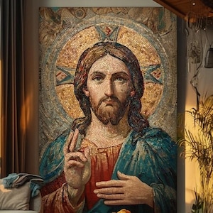 May include: A large mosaic artwork depicting a religious figure with a halo. The figure has a beard and is wearing a blue and red robe. The artwork is displayed on a wall in a living room setting.