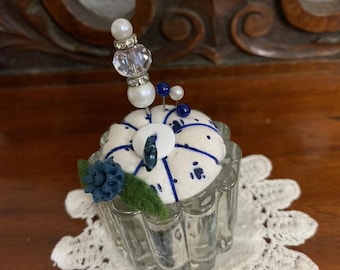 White with Blue Dots Pin Cushion in Vintage Glass Container with Stick Pin & Flower