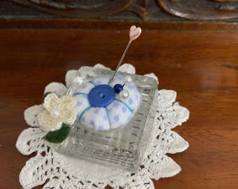 Blue Polka Dot  Button Top Pin Cushion in Vintage Glass Salt Cellar with Flower