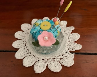 Blue Floral Button Top Pin Cushion in Vintage Glass Salt Cellar with Pink Felt Flower