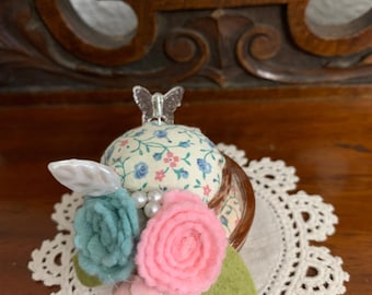 Floral Pin Cushion in Vintage Pink Glass Container with Flowers