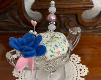 Floral Pin Cushion in Vintage Clear Pedestal Glass  with Stick Pin & Felt Flower