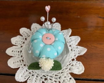 Blue Polka Dot  Button Top Pin Cushion in Vintage Glass Salt Cellar with Resin Flower