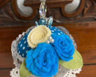 Blue Polka Dot Pin Cushion in Vintage Glass Container with Stick Pin and Felt Flowers