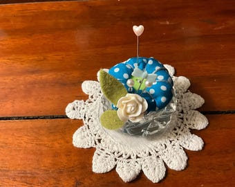 Blue Polka Dot  Button Top Pin Cushion in Vintage Glass Salt Cellar with Resin Flower
