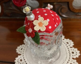 Red Polka Dot Pin Cushion in Vintage Clear Glass Container with Stick Pin & Flowers