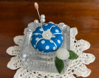 Blue Polka Dot  Button Top Pin Cushion in Vintage Glass Salt Cellar with Resin Flower
