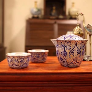 Porcelain Gilded Silver Tea Set with Travel Case | Vintage-Inspired Tea Service