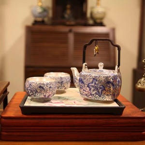 Porcelain Gilded Silver Tea Set with Tray | Vintage-Inspired Tea Service